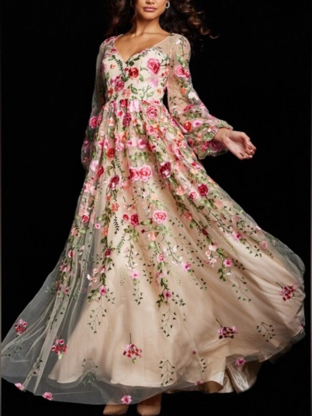 Jovani Nude Multi Floral Embroidered V-Neck Gown